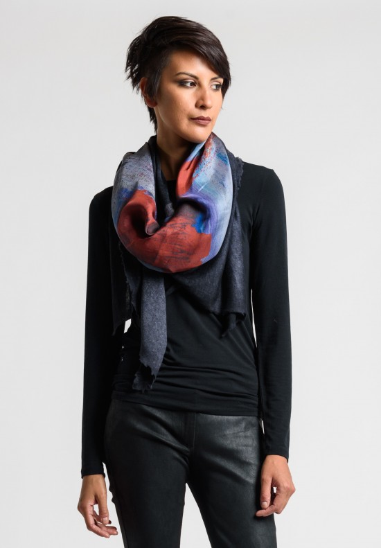Avant Toi Cashmere/Silk with Felted Silk Print Scarf in Stone	