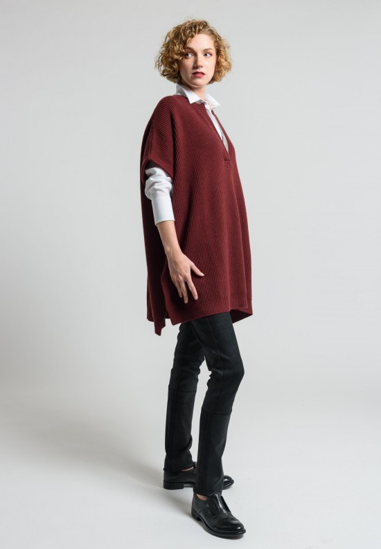 Brunello Cucinelli Embellished Split Neck Oversize Sweater Vest in Merlot	
