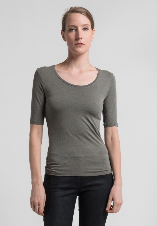Majestic Elbow Length Scoop Neck Top in Military	