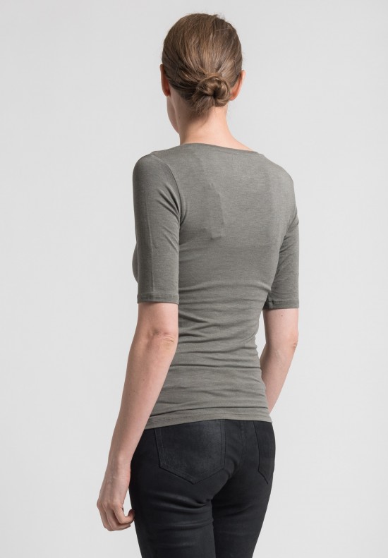 Majestic Elbow Length Scoop Neck Top in Military	