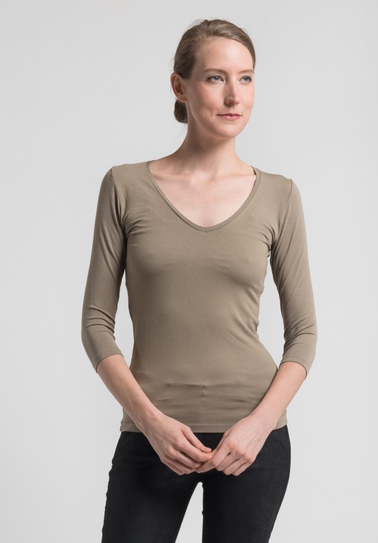 Majestic 3/4 Sleeve V-Neck Top in Light Brown	
