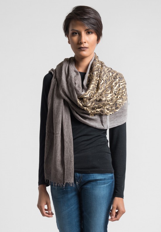 Claudio Cutuli Scarf with Leather Laser Cut Detail in Taupe/Gold	