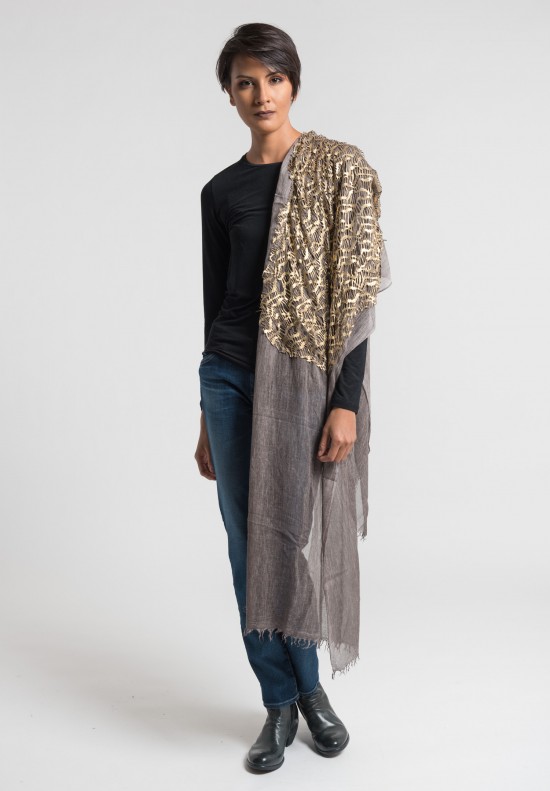 Claudio Cutuli Scarf with Leather Laser Cut Detail in Taupe/Gold	