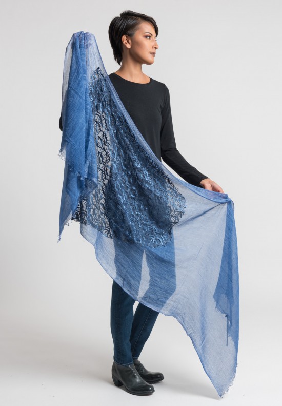 Claudio Cutuli Scarf with Leather Laser Cut Detail in Blue	