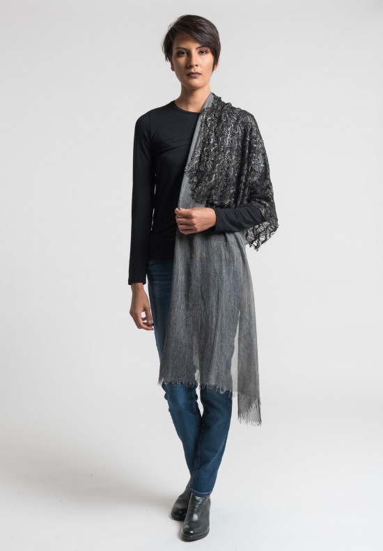 Claudio Cutuli Scarf with Leather Laser Cut Detail in Grey/Black	