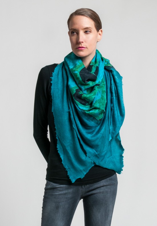 Avant Toi Cashmere/Silk Cupid's Kiss Print Scarf in Turquoise	