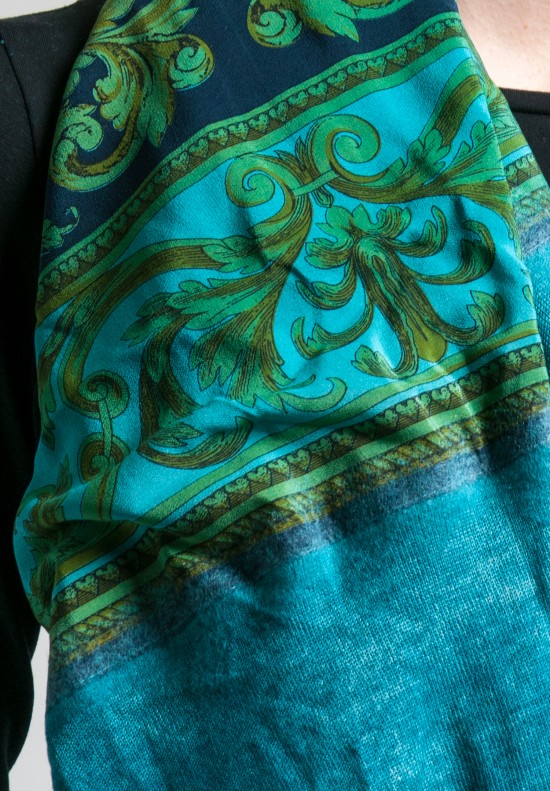 Avant Toi Cashmere/Silk Brocade Fleur De Lis Print Scarf in Turquoise	