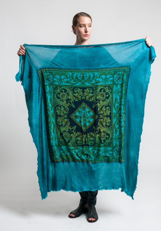 Avant Toi Cashmere/Silk Brocade Fleur De Lis Print Scarf in Turquoise	