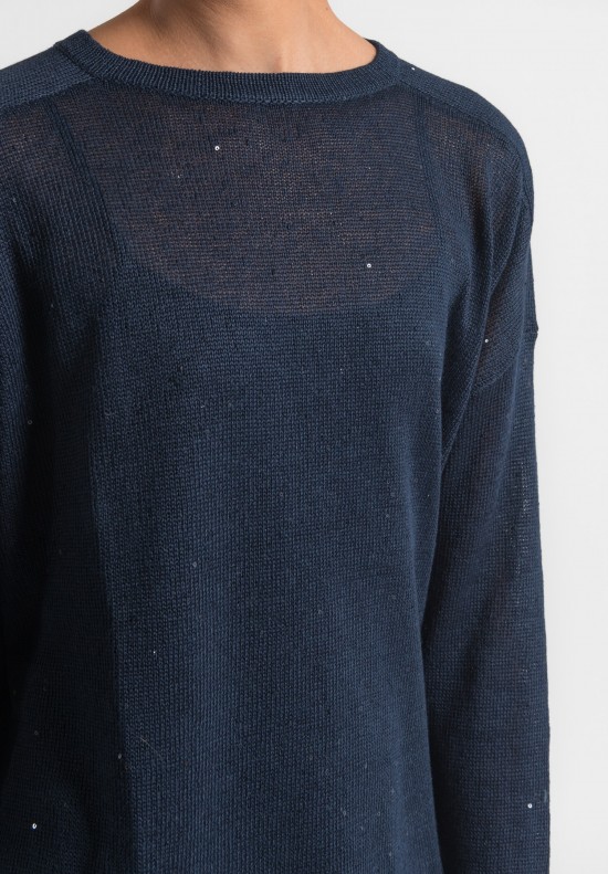 Brunello Cucinelli Linen/Silk Paillette Boxy Sweater in Navy	