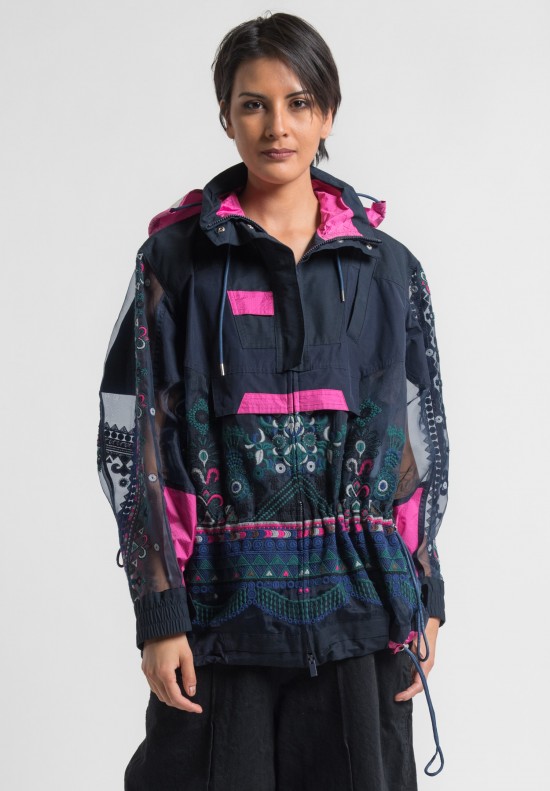 Sacai Tribal Embroidery Blouson Anorak Jacket in Navy | Santa Fe