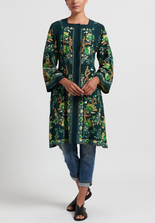 Etro Hand Embroidered Silk Long Jacket in Dark Jade	