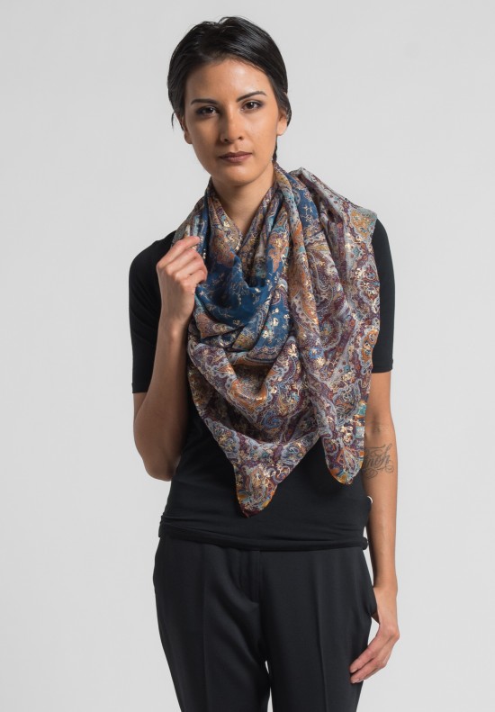 Etro Bombay Paisley and Floral Silk Scarf in Blue/Maroon	