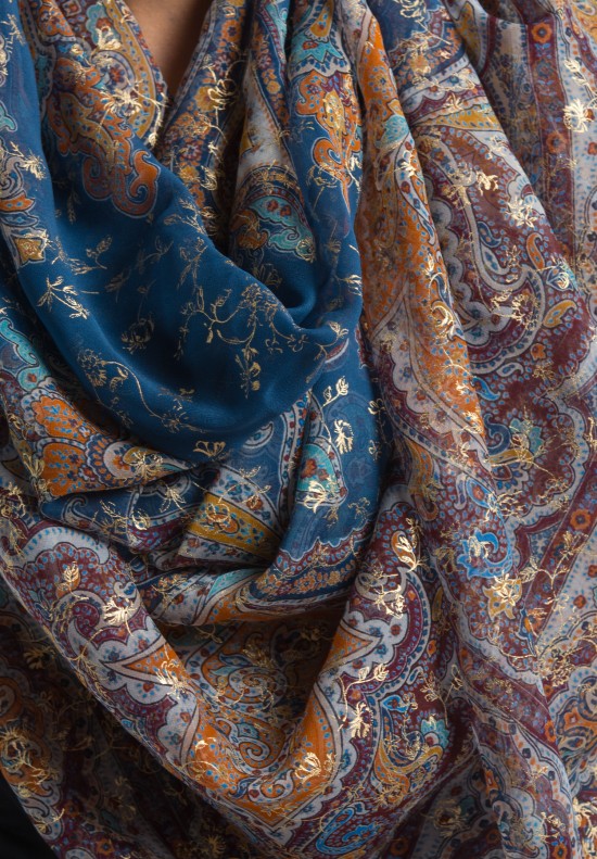 Etro Bombay Paisley and Floral Silk Scarf in Blue/Maroon	