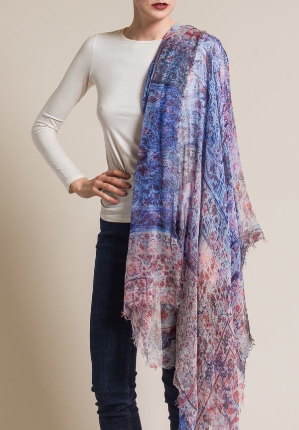 Alonpi Cashmere Cashmere/Silk Floral Printed Xena Scarf in Blue/Red