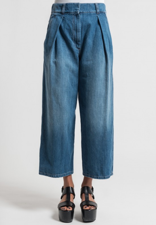 Brunello Cucinelli Cropped Wide Leg Jeans in Medium Blue	