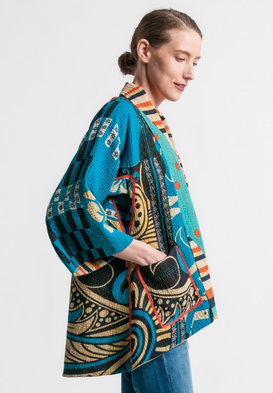 Mieko Mintz 4-Layer Vintage Cotton Kimono Jacket in Blue/Orange | Santa ...