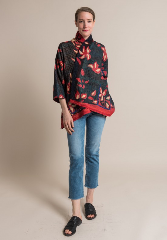 Mieko Mintz 4-Layer Holiday Flower Print Kimono Jacket in Black/Plum