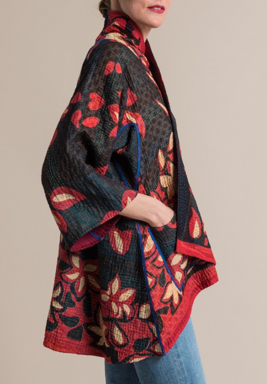 Mieko Mintz 4-Layer Holiday Flower Print Kimono Jacket in Black/Plum