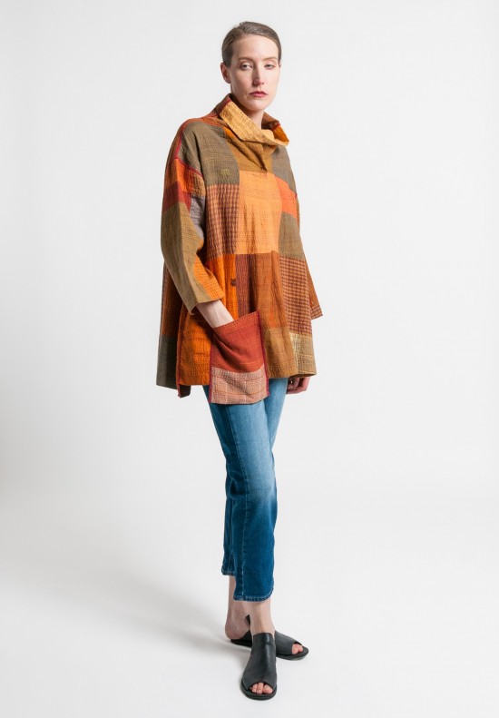 Mieko Mintz 2-Layer Brocade Patched Stand Collar Tunic in Ocher Mix ...