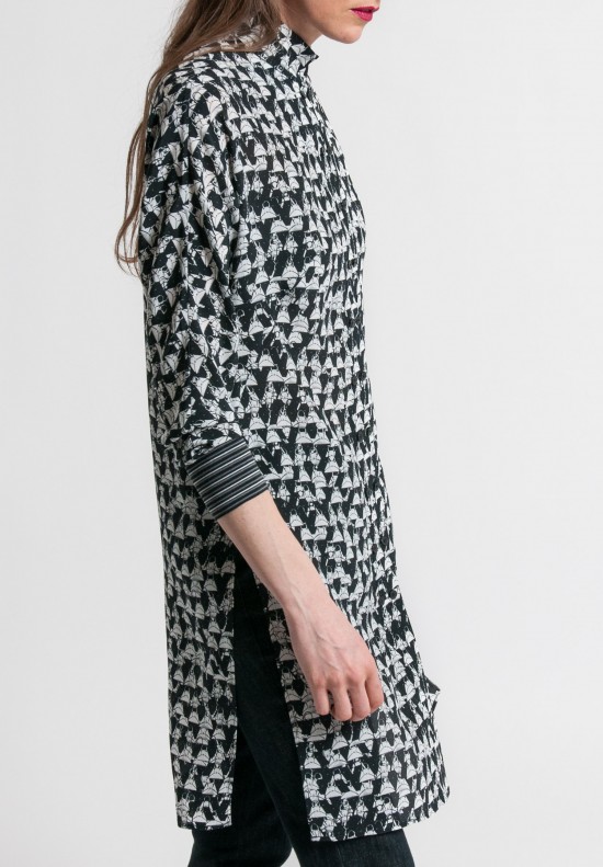 	Akris Silk Crepe Handbag Print Tunic Dress in Black/Cremello