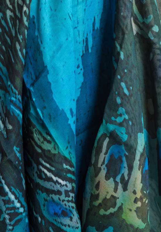 Benny Setti Modal/Cashmere Peacock Print Scarf in Blue	