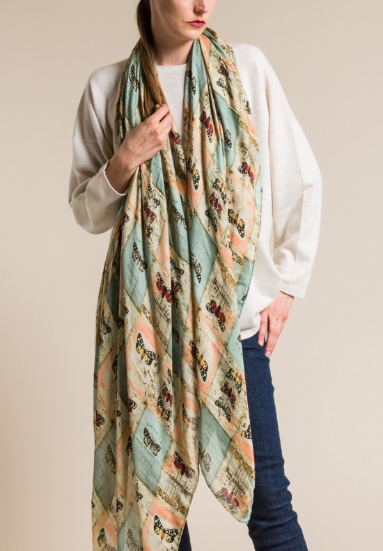 Benny Setti Modal/Cashmere Vintage Butterfly Print Scarf in Blue/Natural