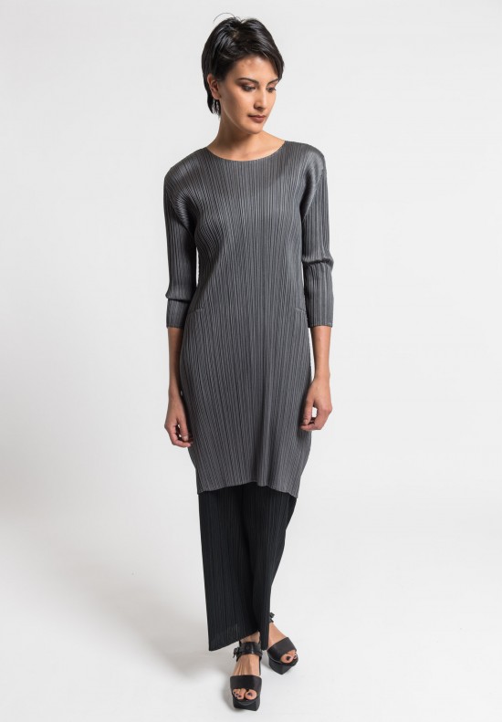 Issey Miyake Pleats Please Crew Neck Pleated Tunic in Grey	