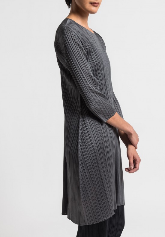 Issey Miyake Pleats Please Crew Neck Pleated Tunic in Grey	