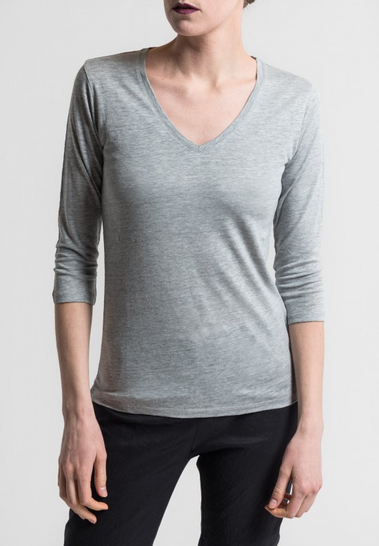 Majestic Linen/Silk V-Neck Long Sleeve Tee in Grie Chiné	