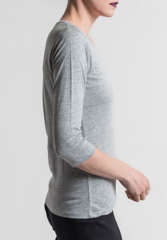 Majestic Linen/Silk V-Neck Long Sleeve Tee in Grie Chiné	