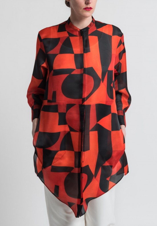 Akris Silk Organza Geometric Print Tunic in Rojo/Negro	