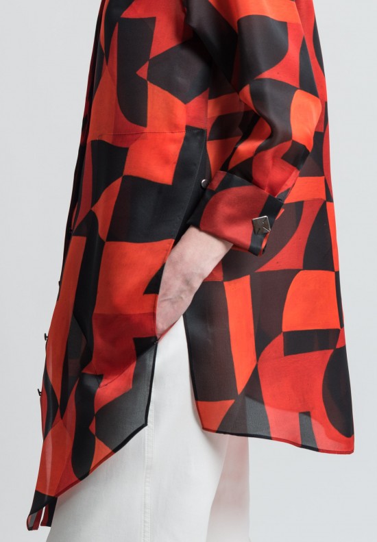 Akris Silk Organza Geometric Print Tunic in Rojo/Negro	