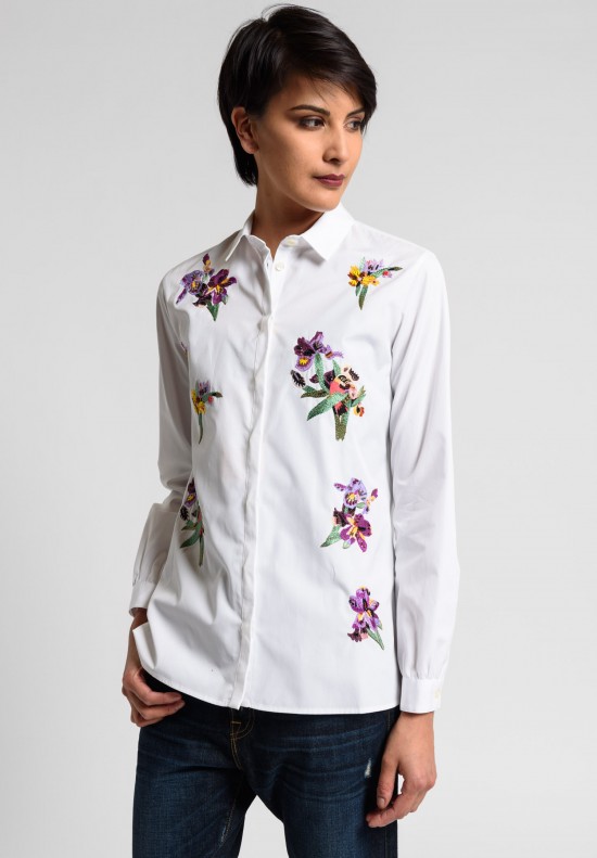 Etro Floral Embroidered and Beaded Cotton Shirt in White | Santa Fe Dry ...