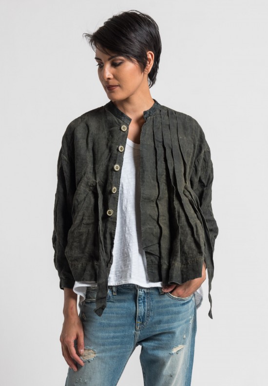 Umit Unal Linen Pleat and Tie Front Jacket in Green	