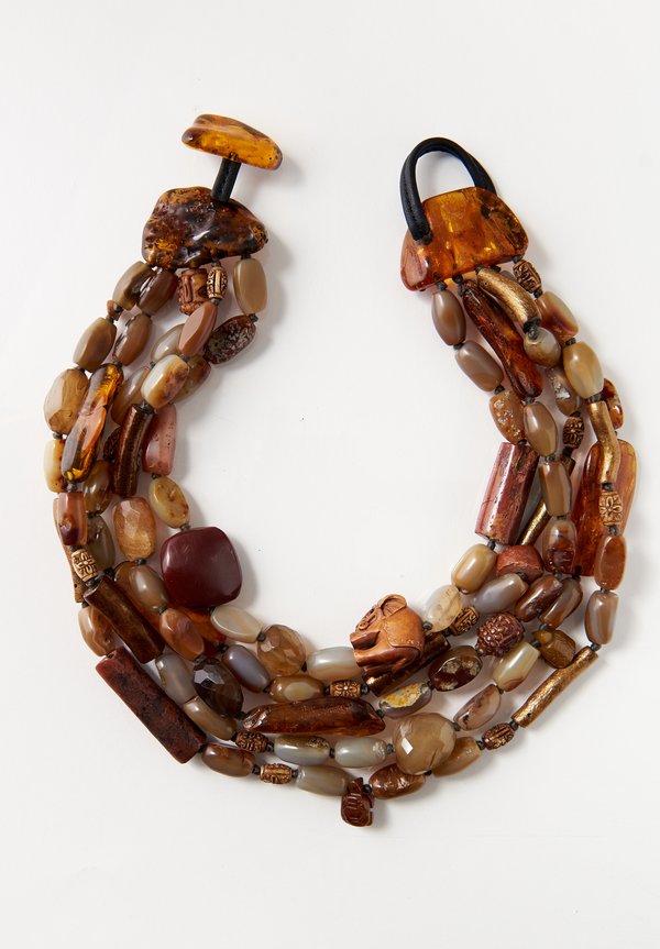 Monies UNIQUE Amber, Carnelian, Gold Coral, Bone, Agate, & Carved Beads Necklace	