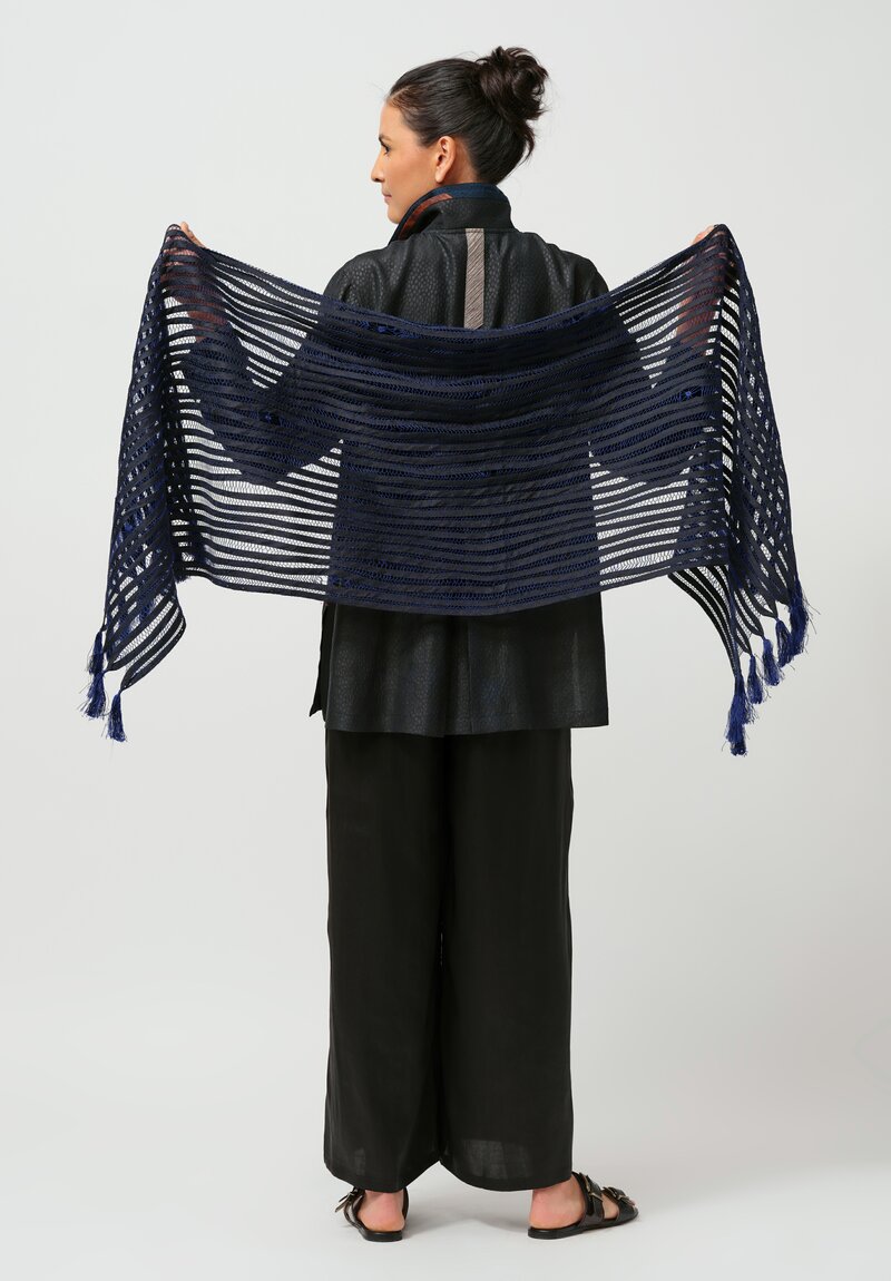 Sophie Hong Stitched Silk Ribbon and Tassel Scarf in Blue