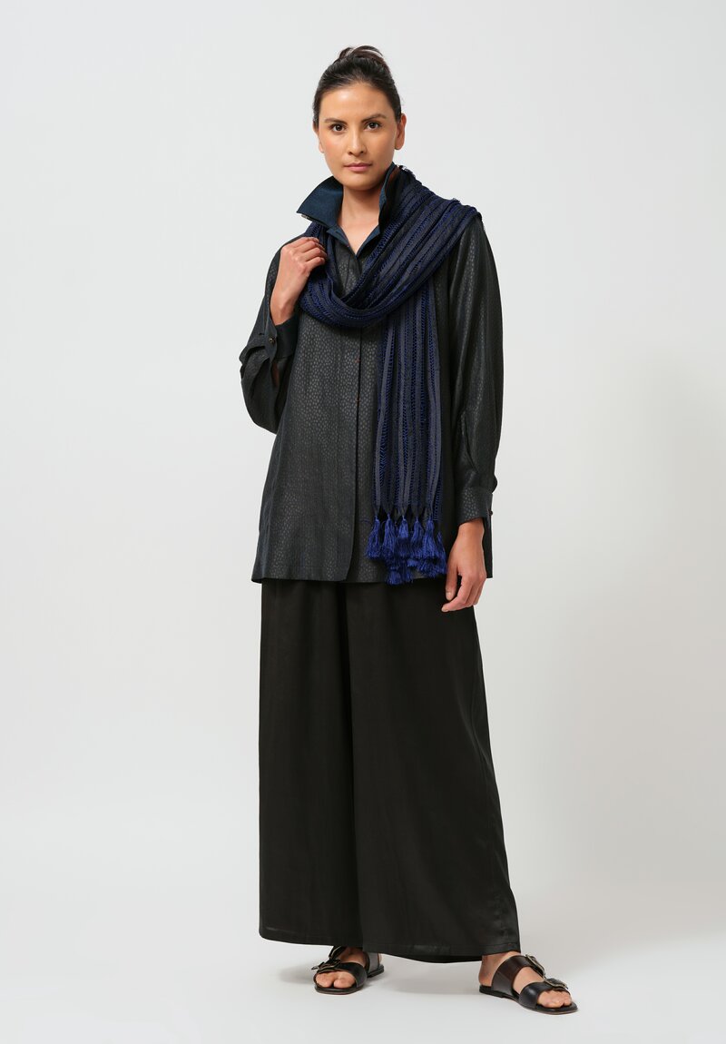 Sophie Hong Stitched Silk Ribbon and Tassel Scarf in Blue