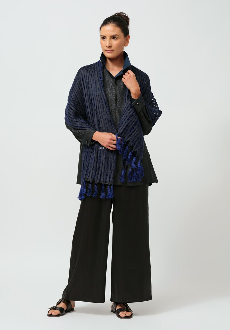 Sophie Hong Stitched Silk Ribbon and Tassel Scarf in Blue