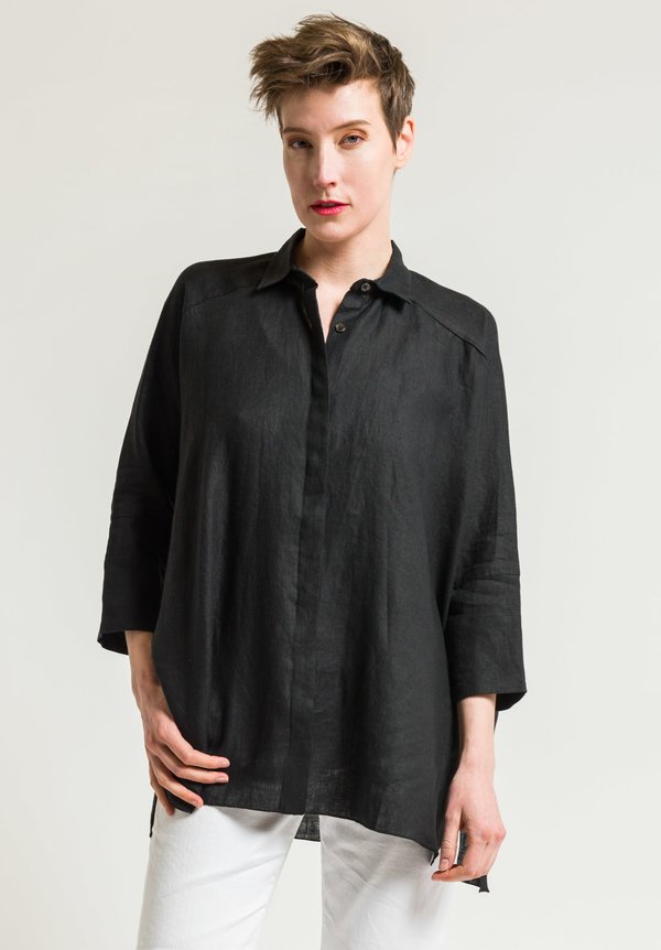 Shi Cashmere Long Linen Shirt in Black