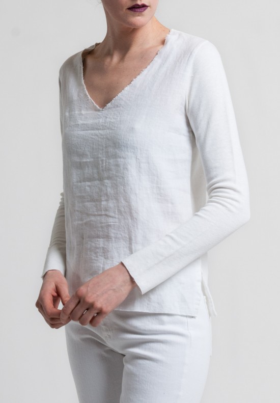 Majestic Linen & Cotton 3/4 Sleeve V-Neck Tee in Blanc	
