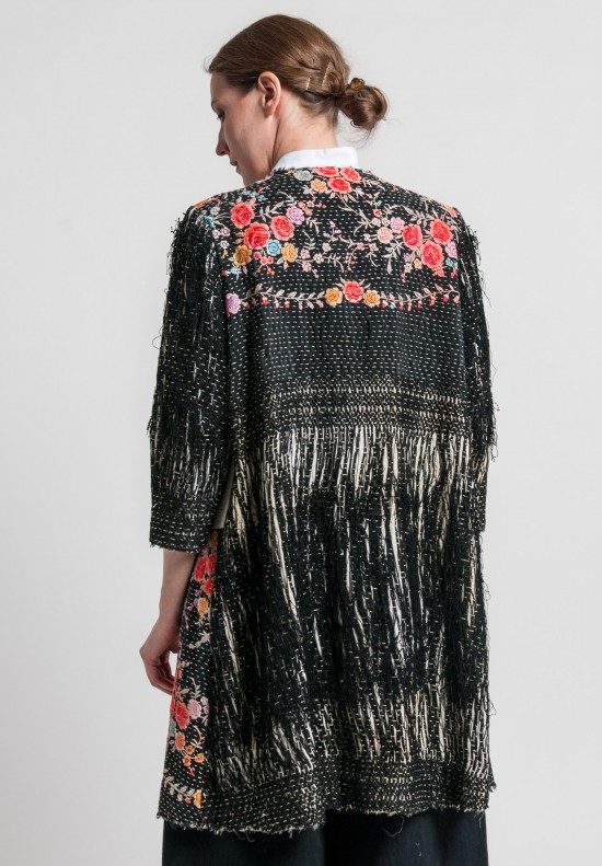 By Walid Antique Silk Piano Shawl Coat in Black/Pink	