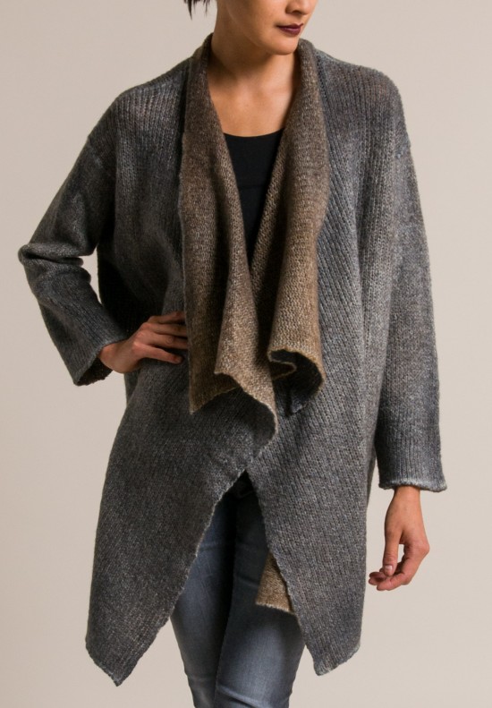 Avant Toi Reversible Overdyed Draping Shawl Cardigan in Grey Brown