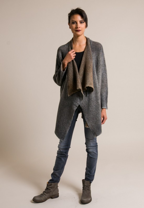 Avant Toi Reversible Overdyed Draping Shawl Cardigan in Grey Brown