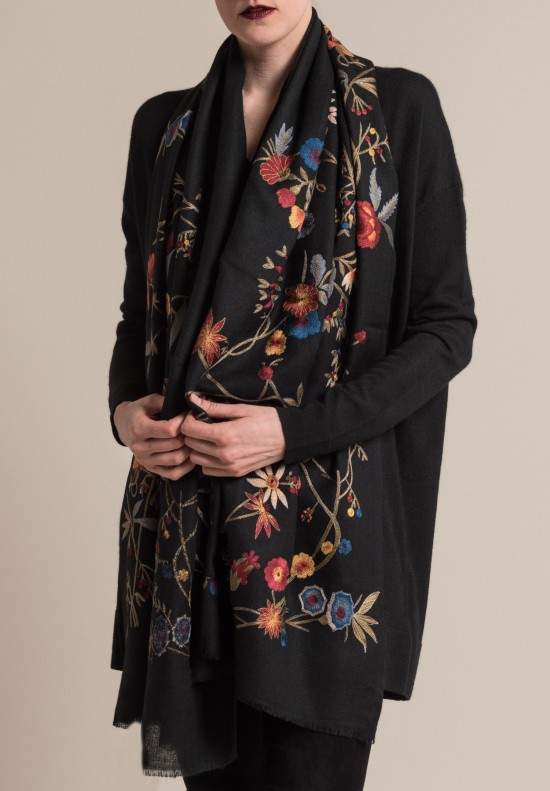 Janavi Cashmere Floral Embroidered Scarf Black