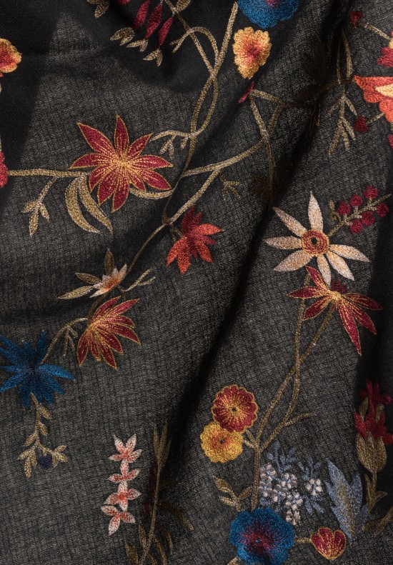 Janavi Cashmere Floral Embroidered Scarf Black