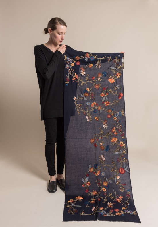 Janavi Cashmere Floral Embroidered Scarf Navy