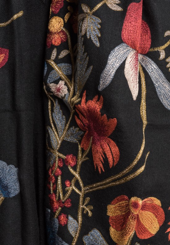 Janavi Cashmere Intricate Floral Embroidery Scarf Black