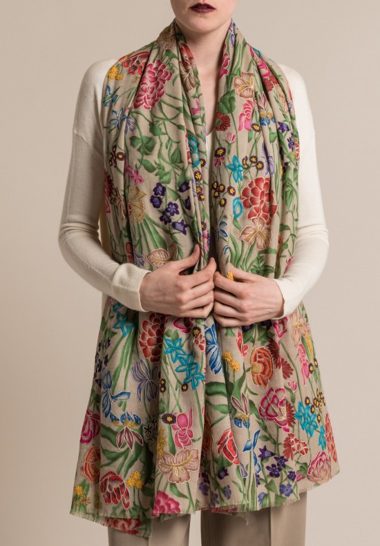 Janavi Hand Painted Cashmere and Silk Embroidery Scarf in Light Natural