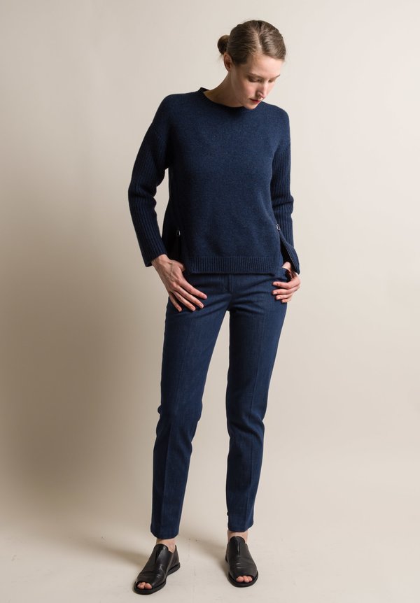 Akris Cashmere Ribbed Sleeves and Side Zippers Sweater in Denim