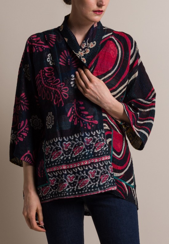 Mieko Mintz 2-Layer Border Patch Kimono Jacket in Navy/Pink | Santa Fe ...